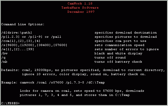 CamWork Help Screen