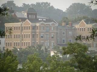 Georgetown viewed from Virginia, with monocular, 1.6x zoom, cropped