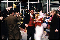 Picture of Margaret and David leaving the church after their wedding